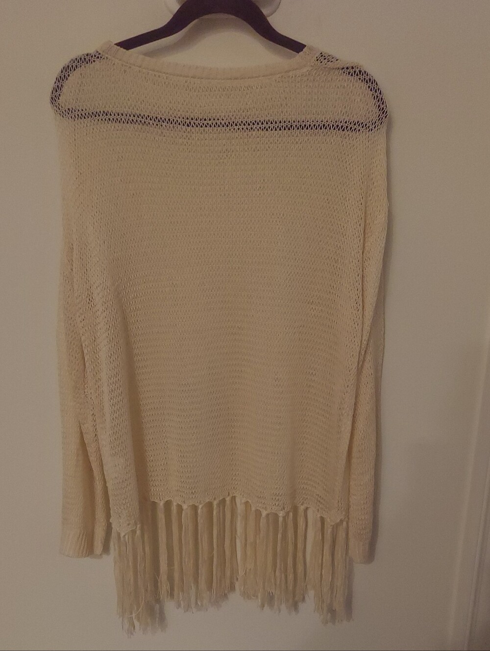 Open-Knit Fringe Hem Women's Sweater - Ivory